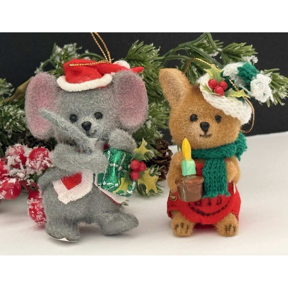 (2) Vintage Critter Sitter Flocked‎ "Sydney" & "Twinkle" Christmas Ornaments EUC